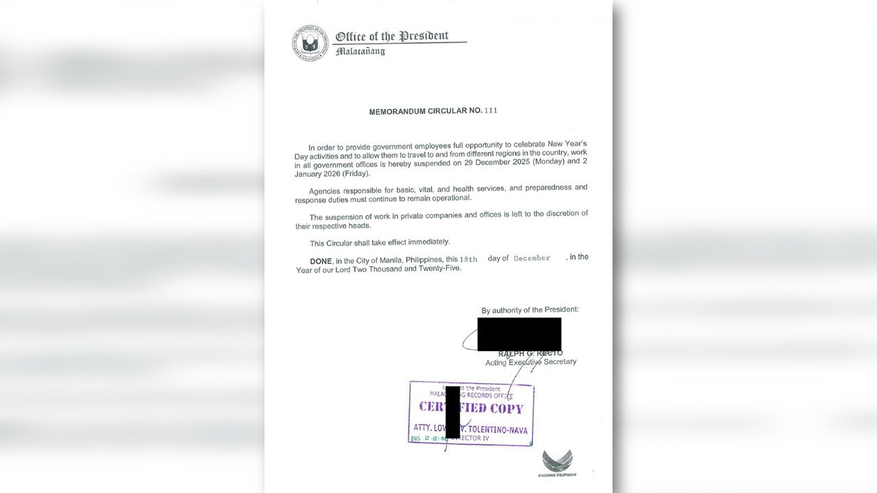Palasyo, sinuspinde ang pasok sa mga tanggapan ng gobyerno mula Disyembre 29 at Enero 2