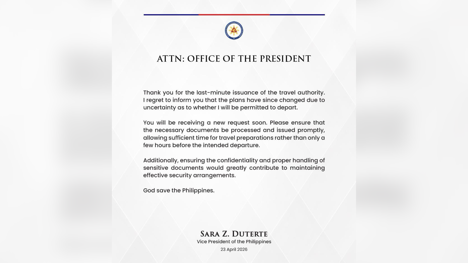 VP Sara, humiling ng travel authority para sa limang bansa