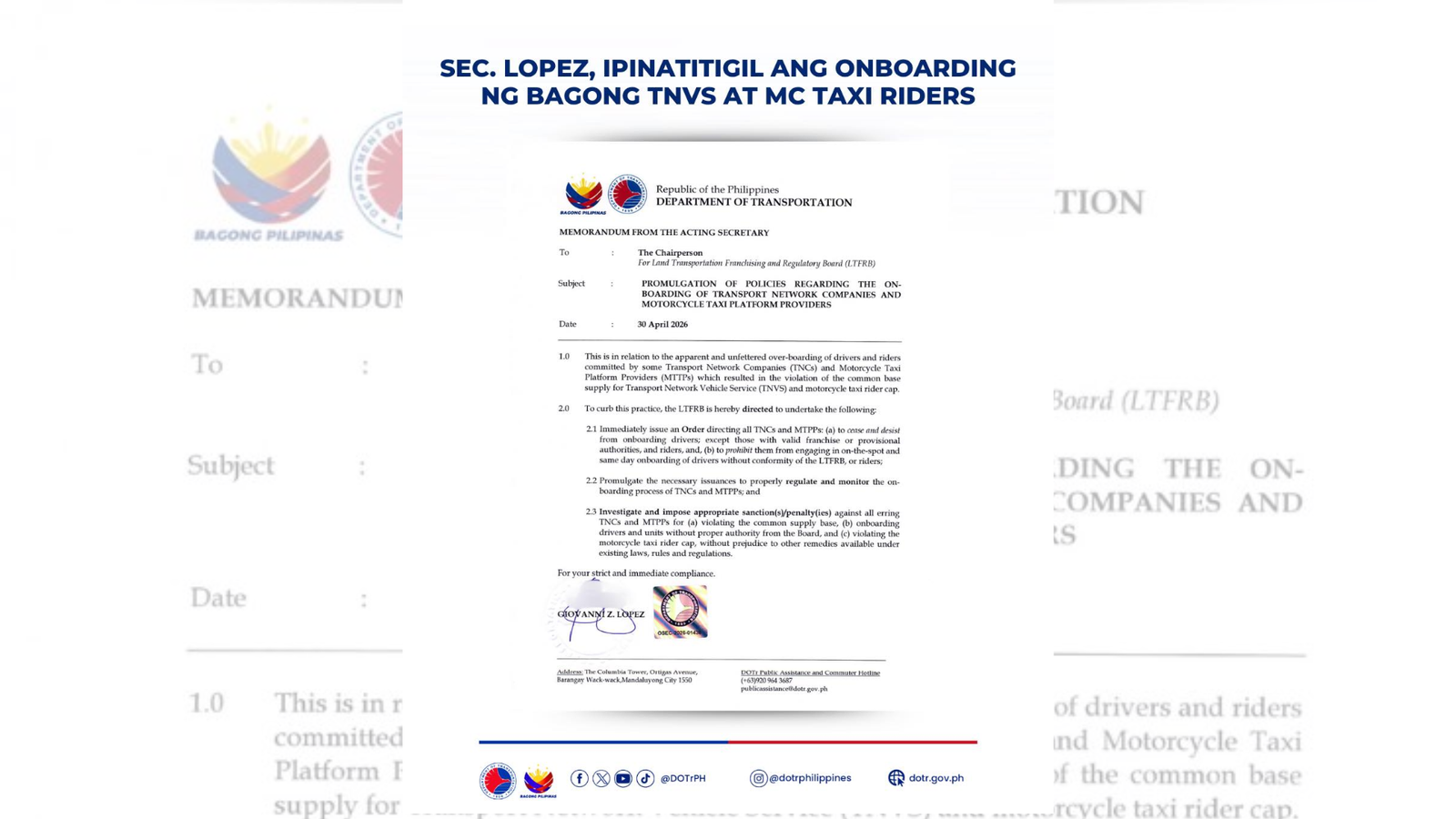 Onboarding ng bagong TNVS, MC drivers, pinatigil